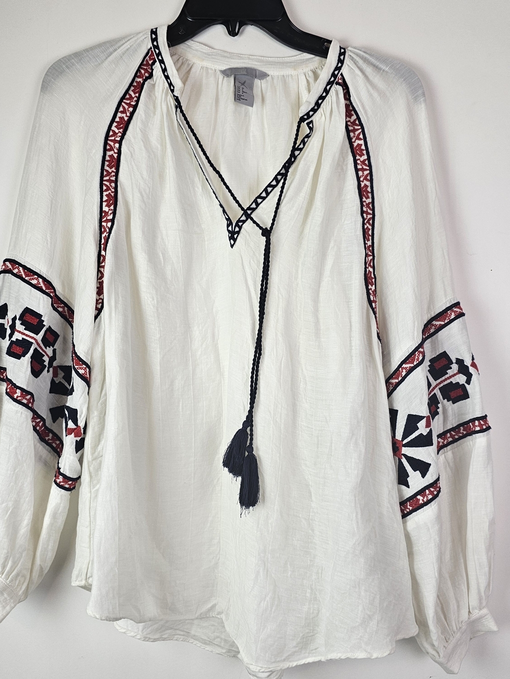 H&M White Peasant Blouse with Black & Red Embroidery